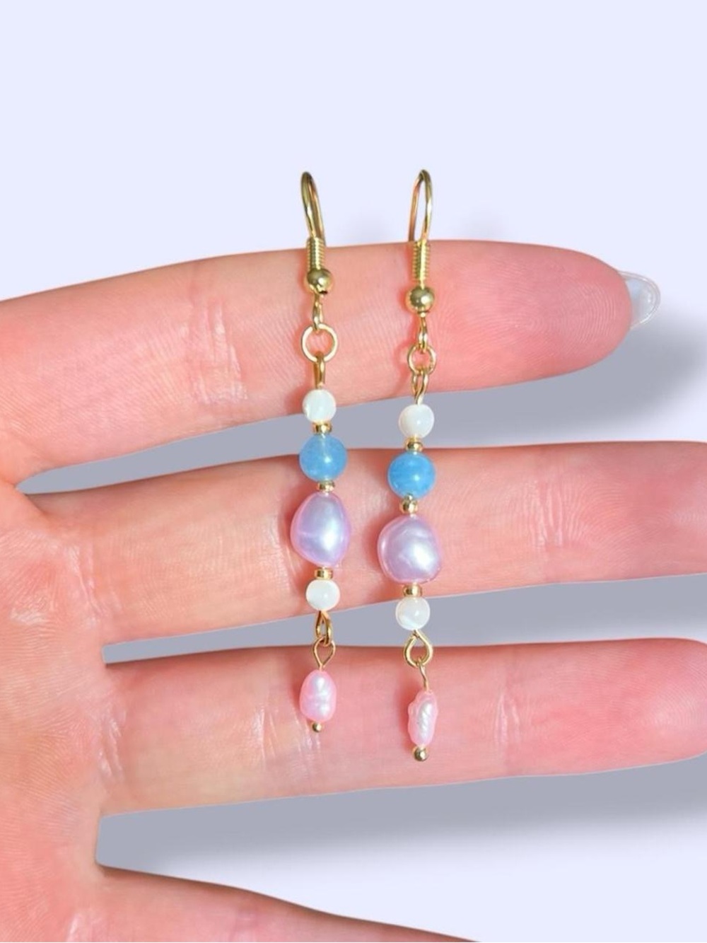 18K Gold-Plated Pink Freshwater Pearl & bead Hook dangle Earrings ✨